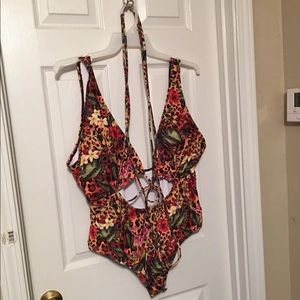 Safari print tie around one piece swimsuit